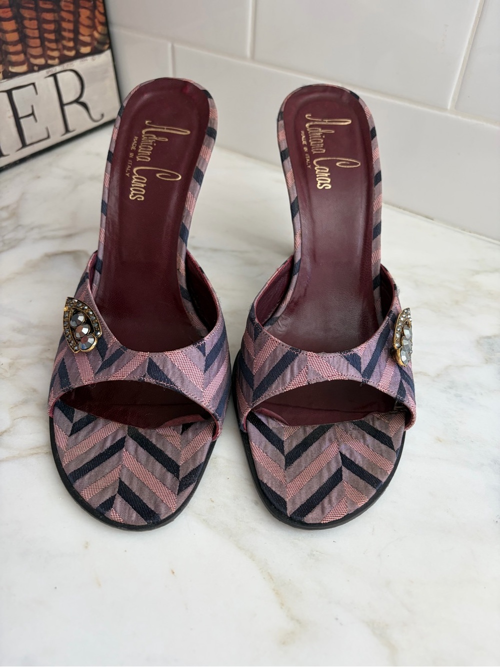 Pink Chevron Slide Mules with Jewel Buckle